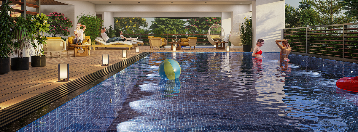 Luxurious swimming pool with lighting and kids swimming